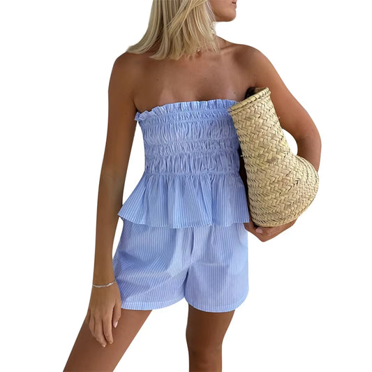 2 Piece Y2K Outfits Women Summer Striped Print Ruched Bandeau Tube Top and Loose Shorts 2000S Clothing Streetwear