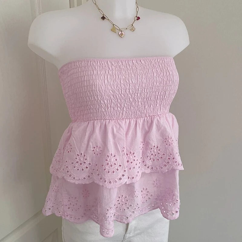 Jacquard Eyelet Double Layers Crop Top Summer Holiday off Shoulder Backless Vest Bandeau Sexy Elastic Chest Strapless Tube Camis