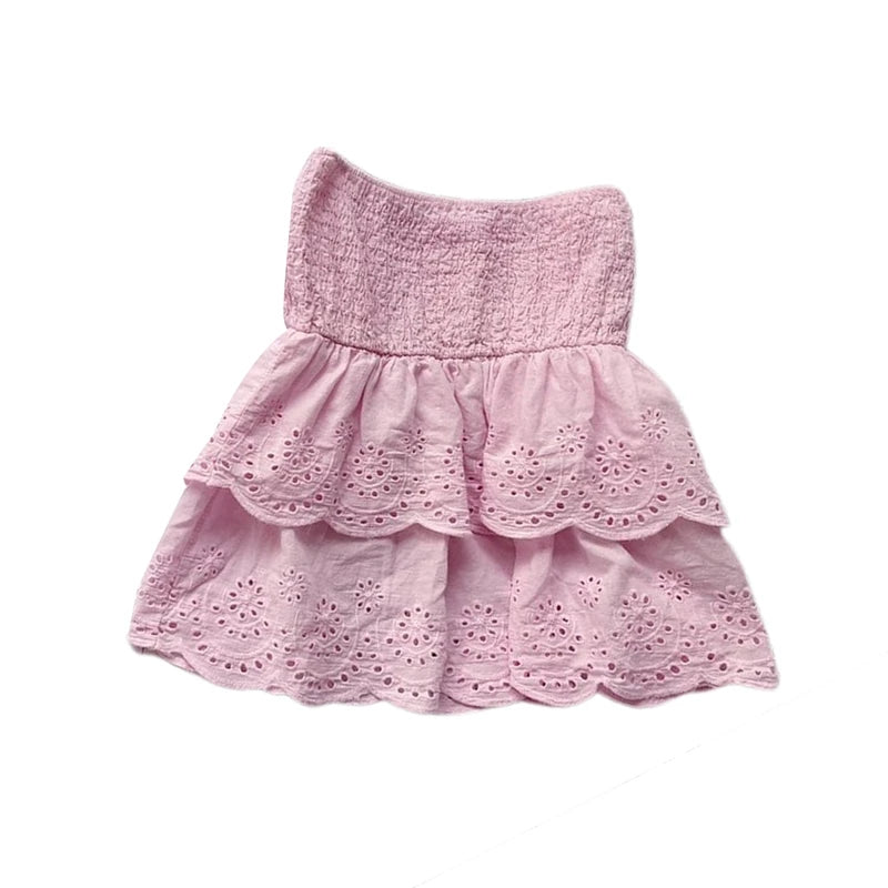 Jacquard Eyelet Double Layers Crop Top Summer Holiday off Shoulder Backless Vest Bandeau Sexy Elastic Chest Strapless Tube Camis