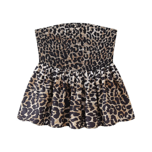 Leopard Summer Top Shirred Bust Cropped Strapless Camis Women Vacation Clothing