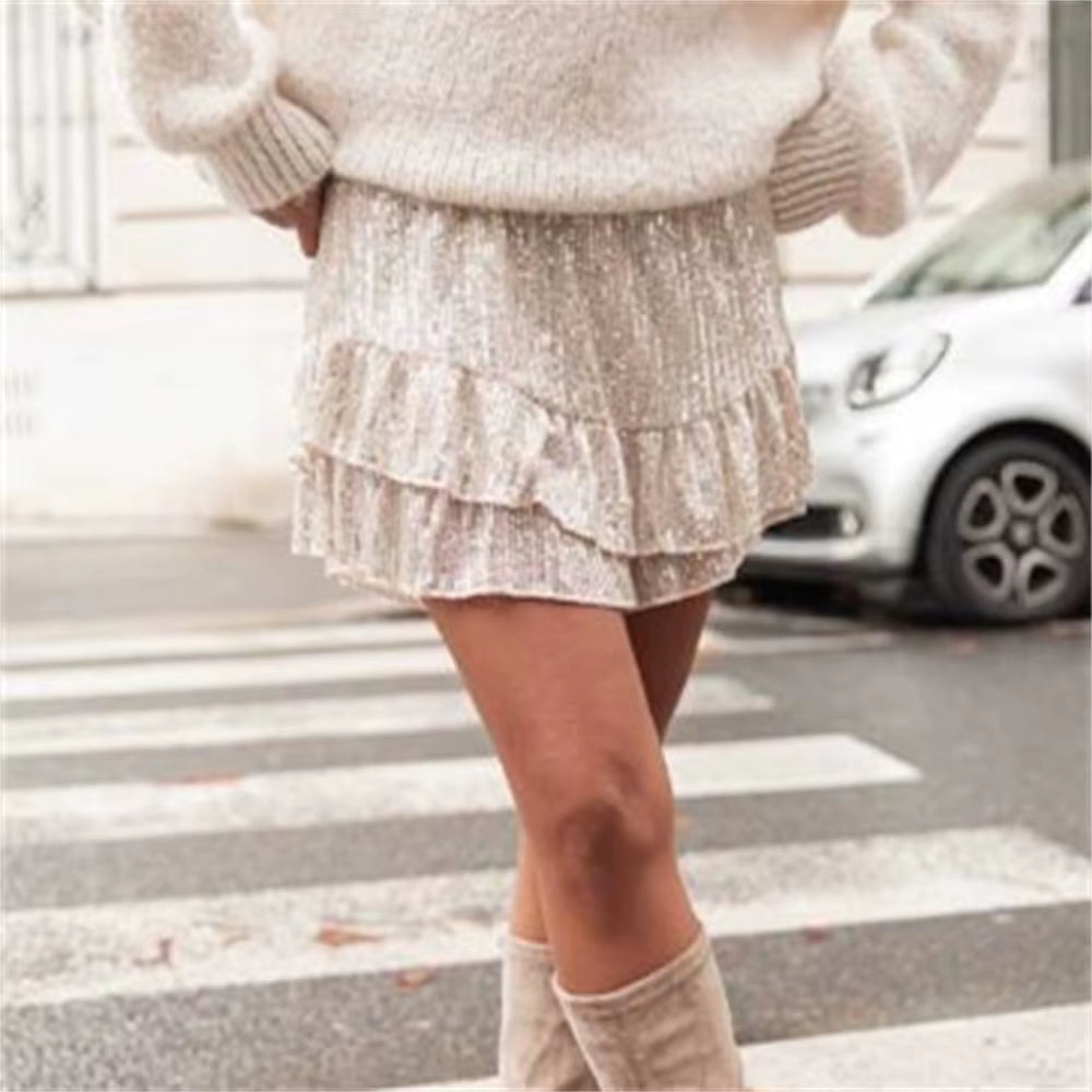 Women’S Glitter Ruffle Shorts Casual Elastic Waist Bow Front Loose Shorts Fashion Party Elegant Shorts