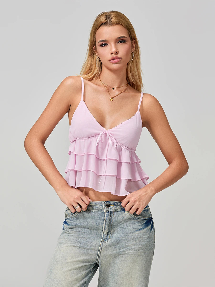 Women Camisole Tops Solid Color Spaghetti Strap Layered Ruffle Tank Tops Summer Sleeveless Babydoll Tops Casual Vest Shirts