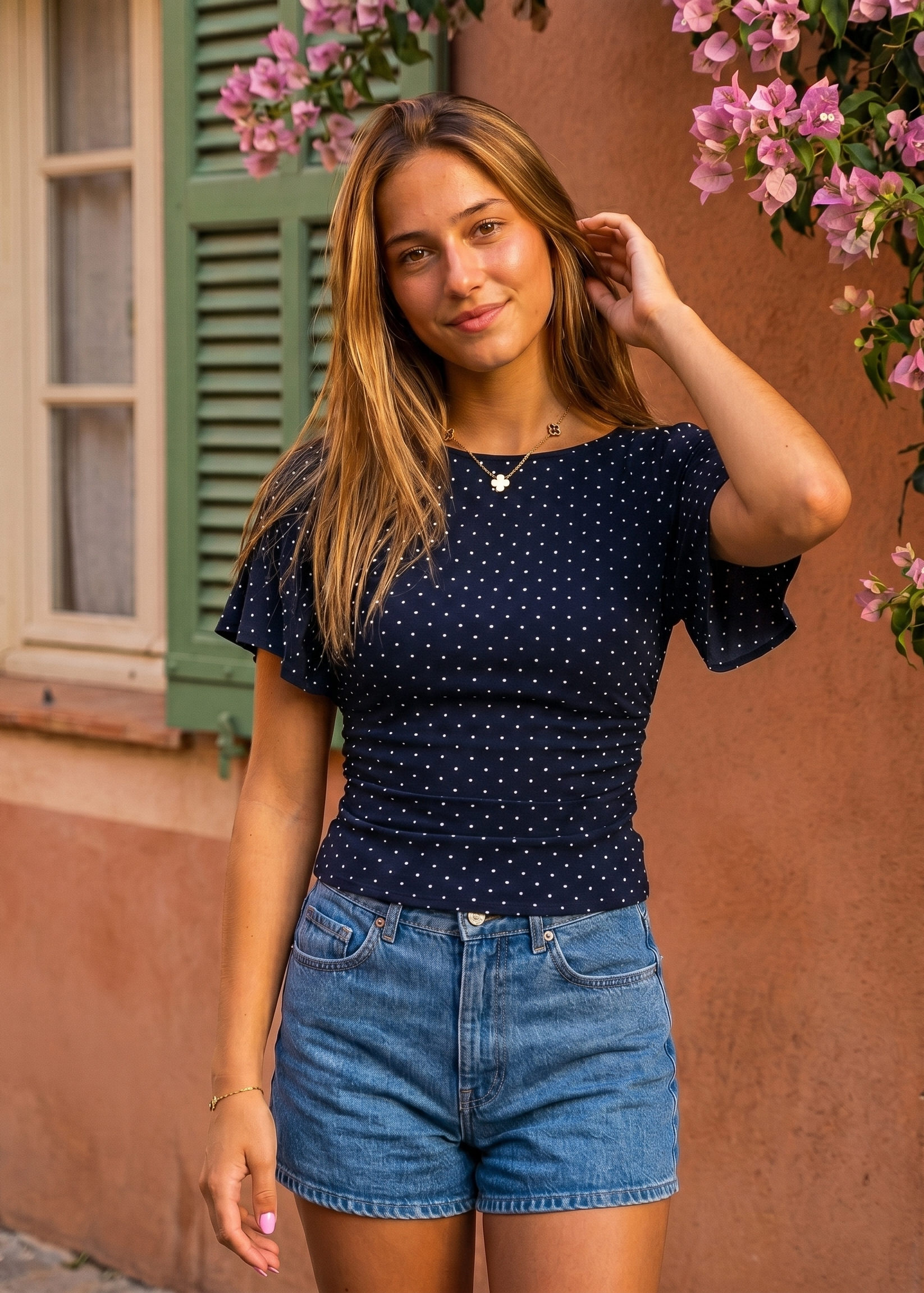 Elsa Trosa Top Frontansicht in Marineblau mit Polka Dots – Scandi Style | Vera Stockholm
