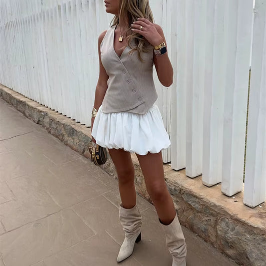Women Pleated Bubble Mini Skirt Y2K Ruffle Hem Elastic Waist Puffy Short Skirt Tee Girls Cute Aline Balloon Skirt