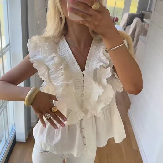 Fashion Women'S Ruffles Flying Sleeve Shirts Slim Waist V-Neck Single Breasted Female Blouses 2025 Summer Lady Solid Chic Tops