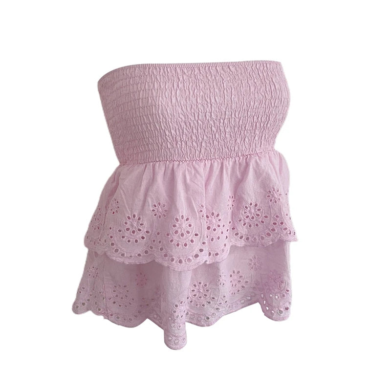Jacquard Eyelet Double Layers Crop Top Summer Holiday off Shoulder Backless Vest Bandeau Sexy Elastic Chest Strapless Tube Camis