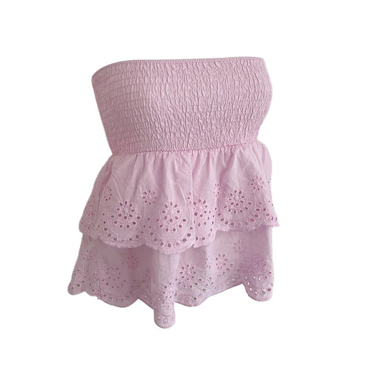 Jacquard Eyelet Double Layers Crop Top Summer Holiday off Shoulder Backless Vest Bandeau Sexy Elastic Chest Strapless Tube Camis