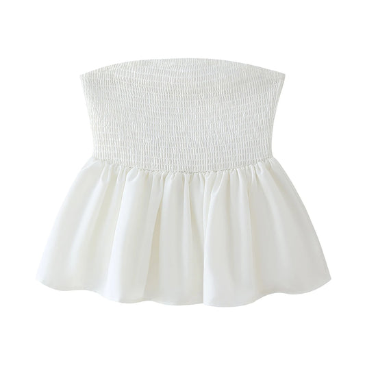 Summer Top Shirred Bust Patched with Flare Bottom Strapless Camis Women Vacation Clothing
