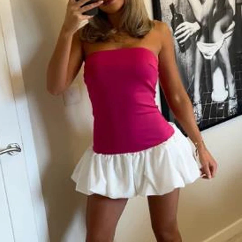Vintage Strapless Mini Dress Summer off Shoulder Backless Puff Bubble Dress Cocktail Party Night Short Dresses Women Streetwear