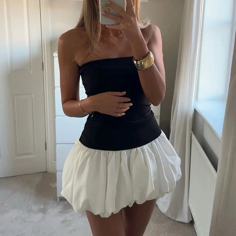 Vintage Strapless Mini Dress Summer off Shoulder Backless Puff Bubble Dress Cocktail Party Night Short Dresses Women Streetwear