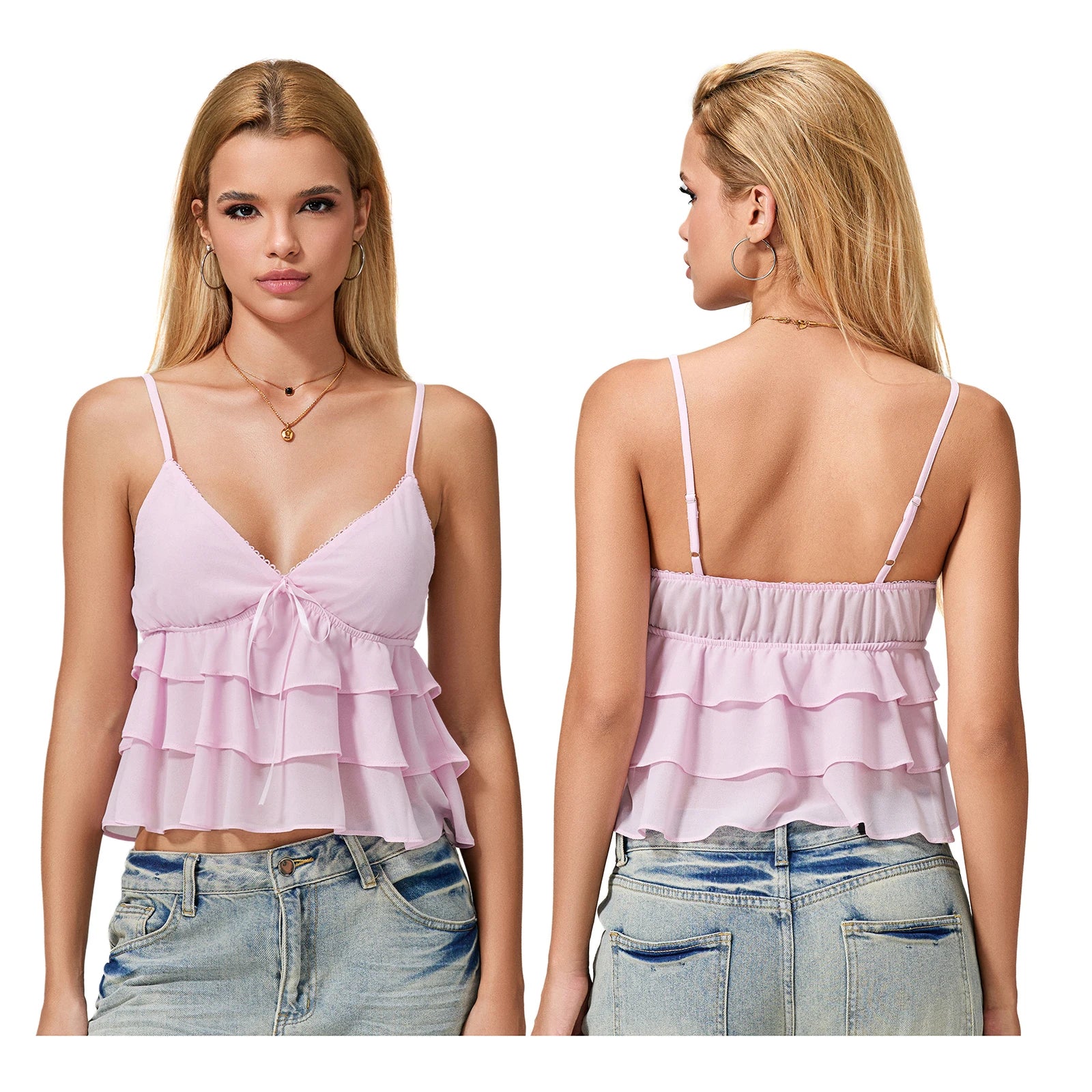 Women Camisole Tops Solid Color Spaghetti Strap Layered Ruffle Tank Tops Summer Sleeveless Babydoll Tops Casual Vest Shirts