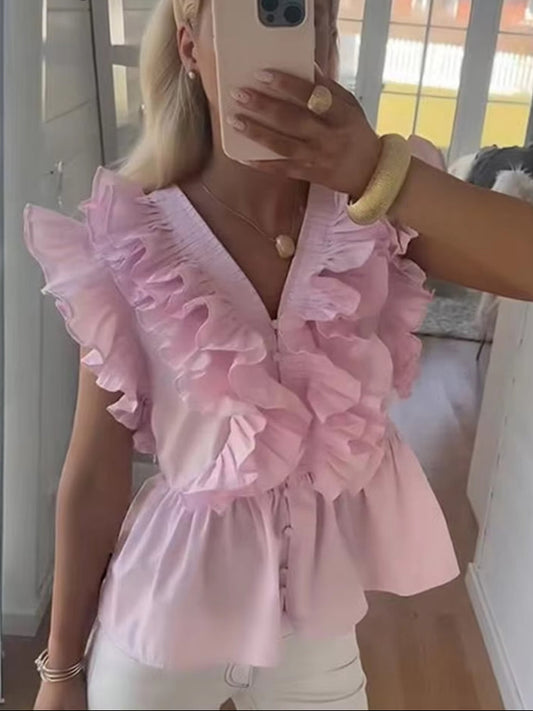 Fashion Women'S Ruffles Flying Sleeve Shirts Slim Waist V-Neck Single Breasted Female Blouses 2025 Summer Lady Solid Chic Tops