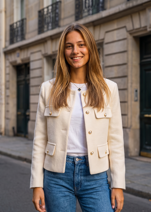 Freja Skara Vågig Jacket – Jacke Damen in Beige am Model | Vera Stockholm