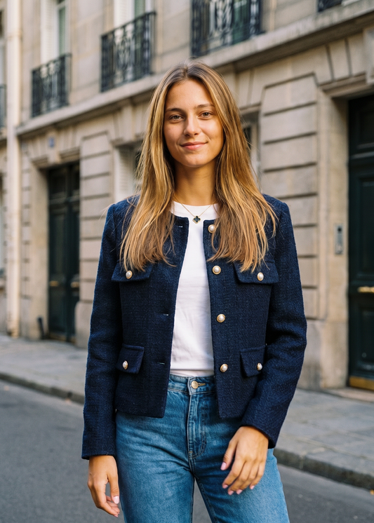Freja Skara Vågig Jacket – Jacke Damen in Blau am Model | Vera Stockholm
