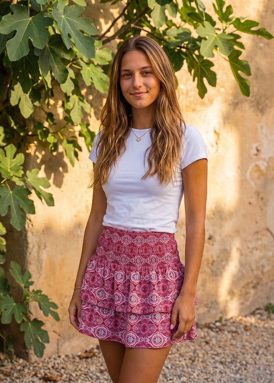Pernilla Växjö Skirt – roter Paisley Boho-Minirock mit Volants am Model | Vera Stockholm