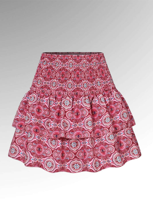Pernilla Växjö Skirt – roter Paisley Boho-Minirock mit Volants Produktansicht | Vera Stockholm